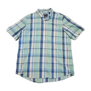 Chaps Button Up Shirt Men's Large Stretch Bright Blue Plaid Collared Summer